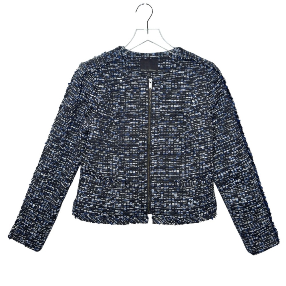 Banana Republic Navy Textured Collarless Women’s Tweed Lady Jacket Sz 6